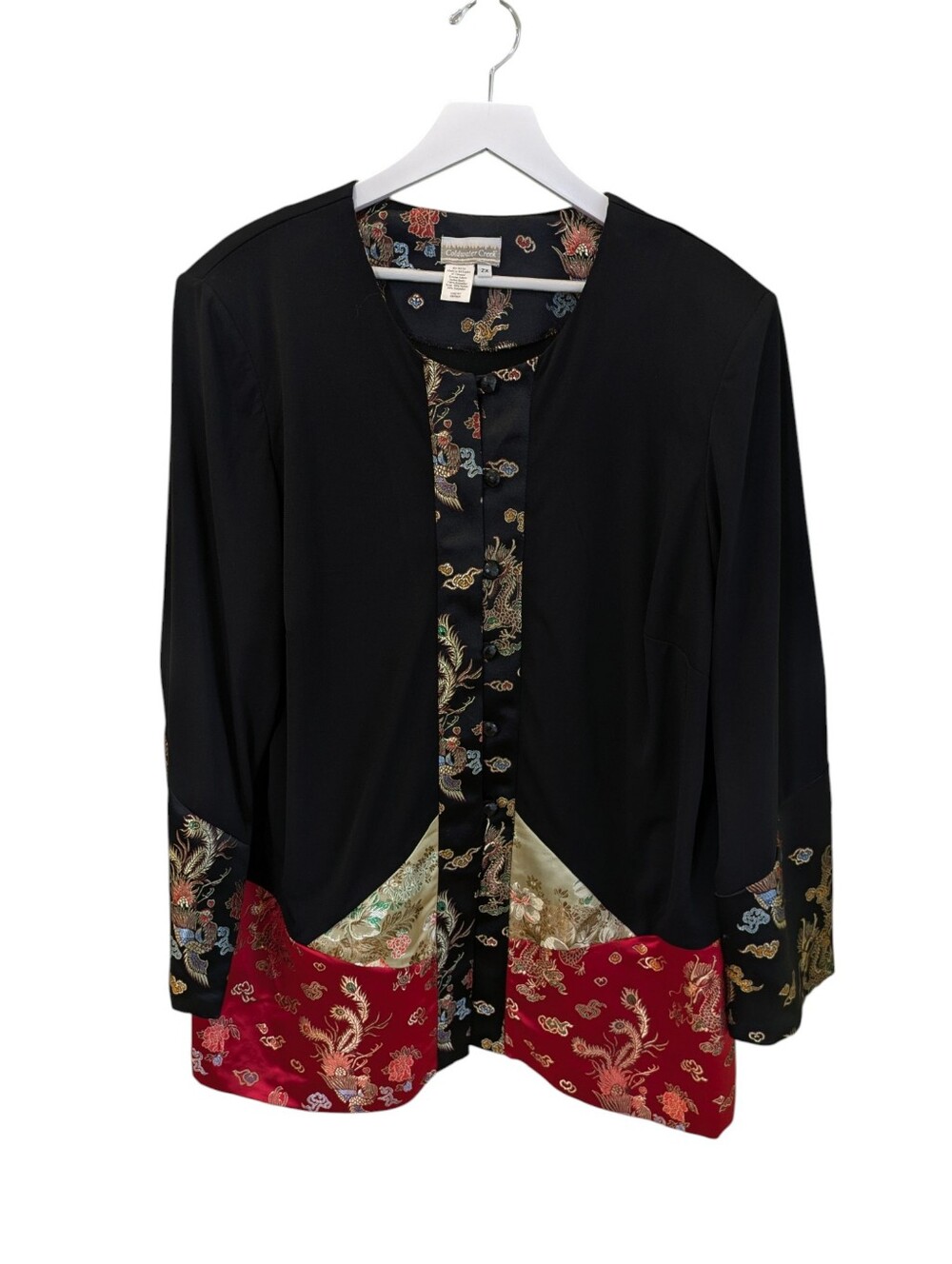 Coldwater Creek Kimono Top 2X Dragon Brocade Pankou Frog Button Satin Asian